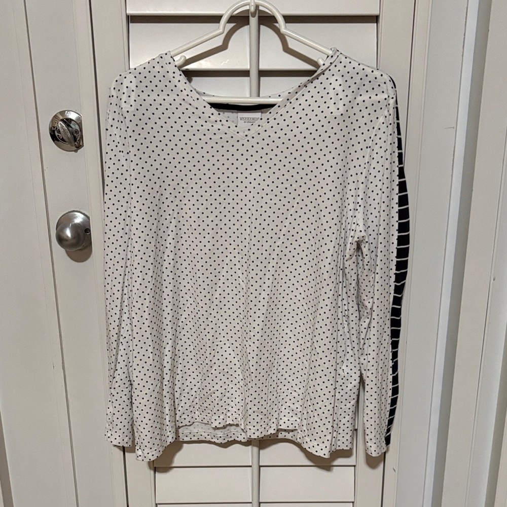 Chico's White and Navy Dotted Long Sleeve Top with Striped Sleeves.